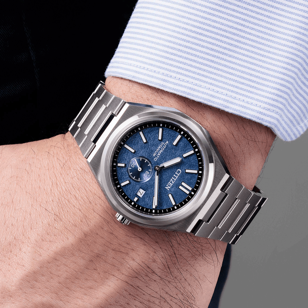 Citizen NJ0180-80L Zenshin Super Titanium Automatic 42mm Textured Blue Dial Super Titanium Bracelet Men’s Watch
