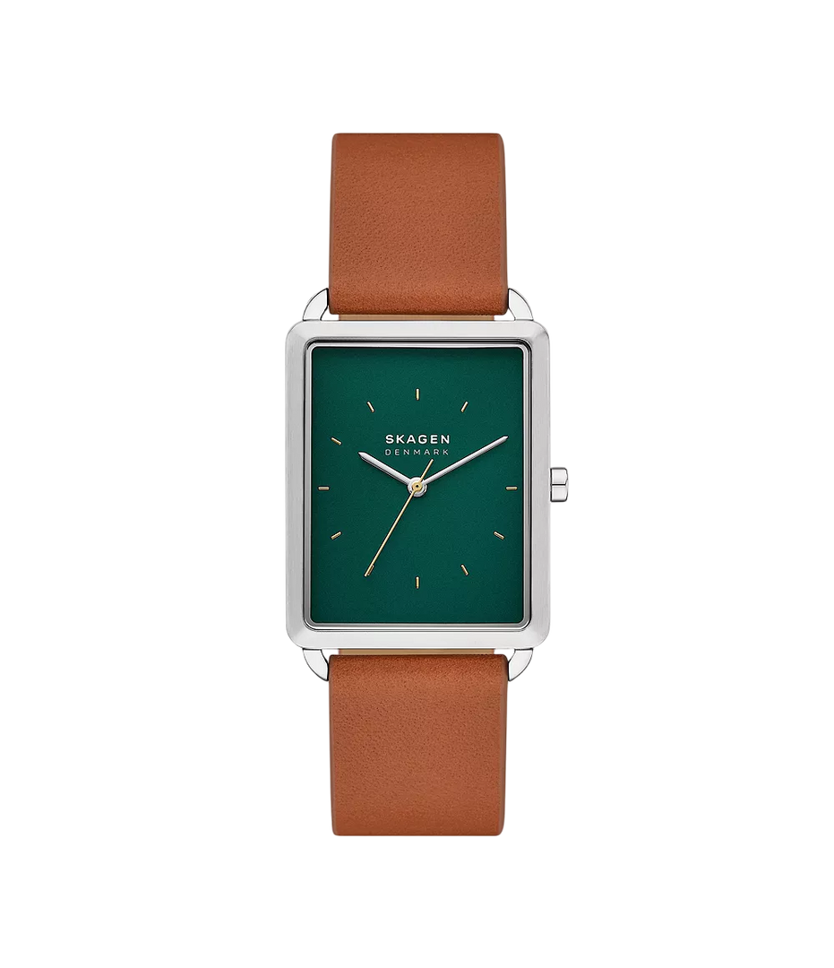 Skagen SKW6931 Hagen 36mm Green Rectangular Dial Brown Leather Strap Men's Watch