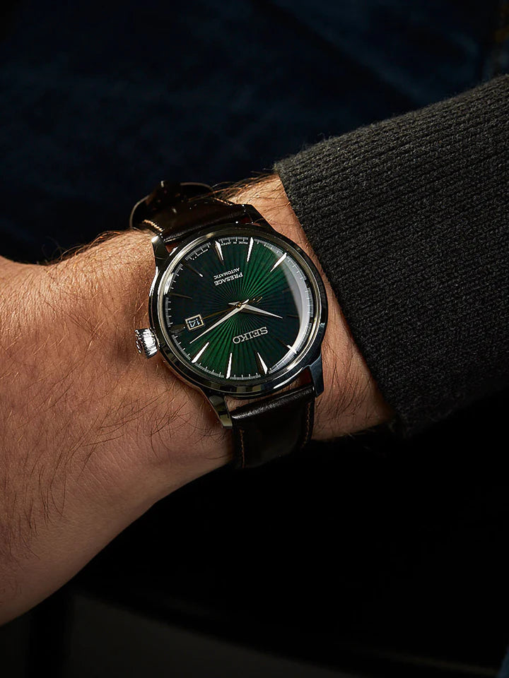 Seiko SRPD37J1 Presage Automatic Green Dial Cocktail Time Brown Leather Strap Men's Watch