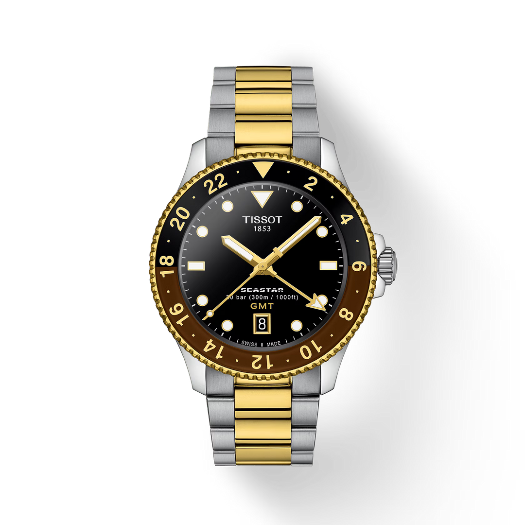 Tissot T1208522205100 Seastar 1000 Quartz GMT 40mm Black Dial Two Tone Stainless Steel Bracelet Men's Watch