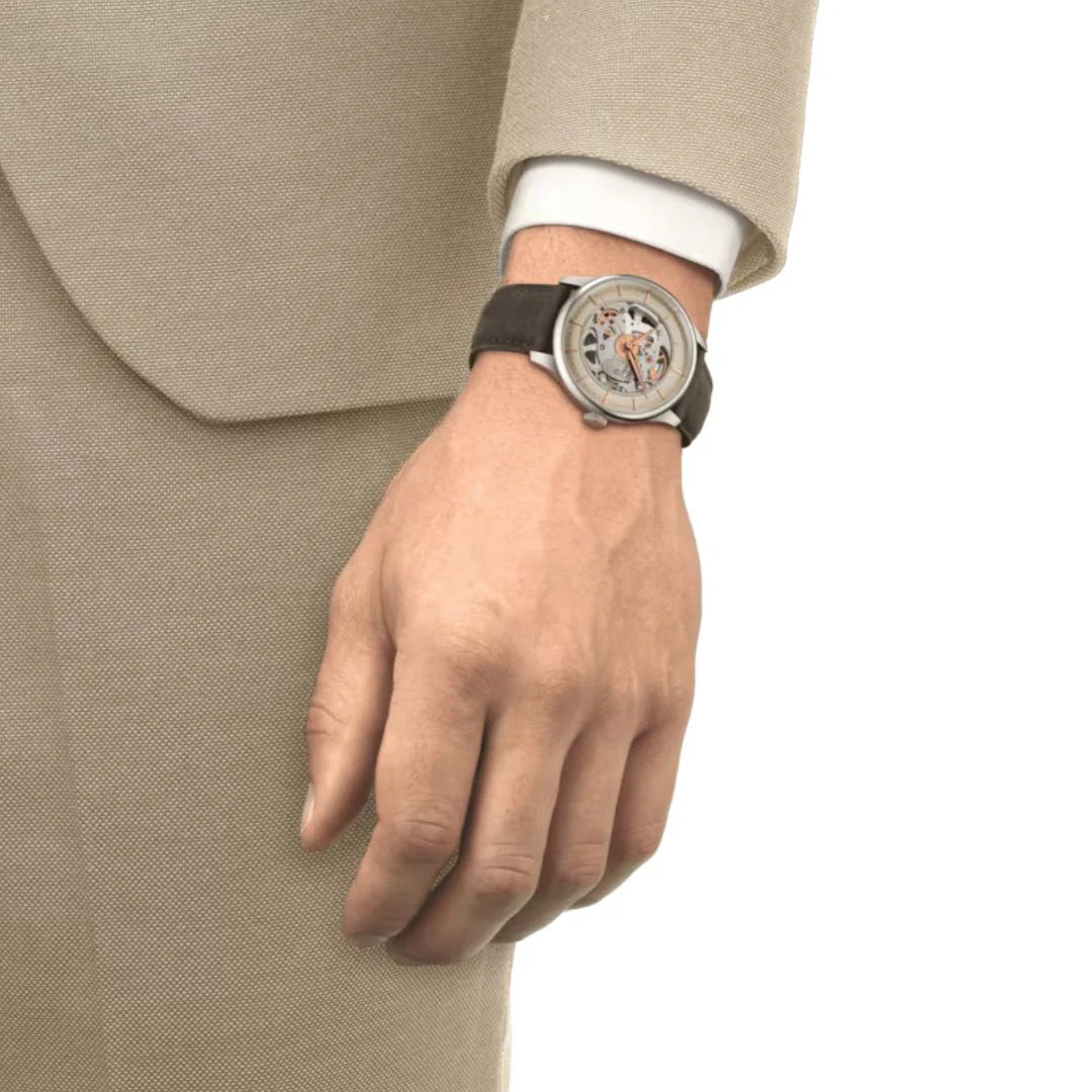 Tissot T1398361626100 Chemin Des Tourelles Squelette 39mm Ivory Open Heart Dial Brown Leather Strap Men's Watch