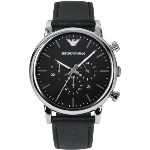 Emporio Armani AR1828 Black Chronograph Dial Black Leather Strap