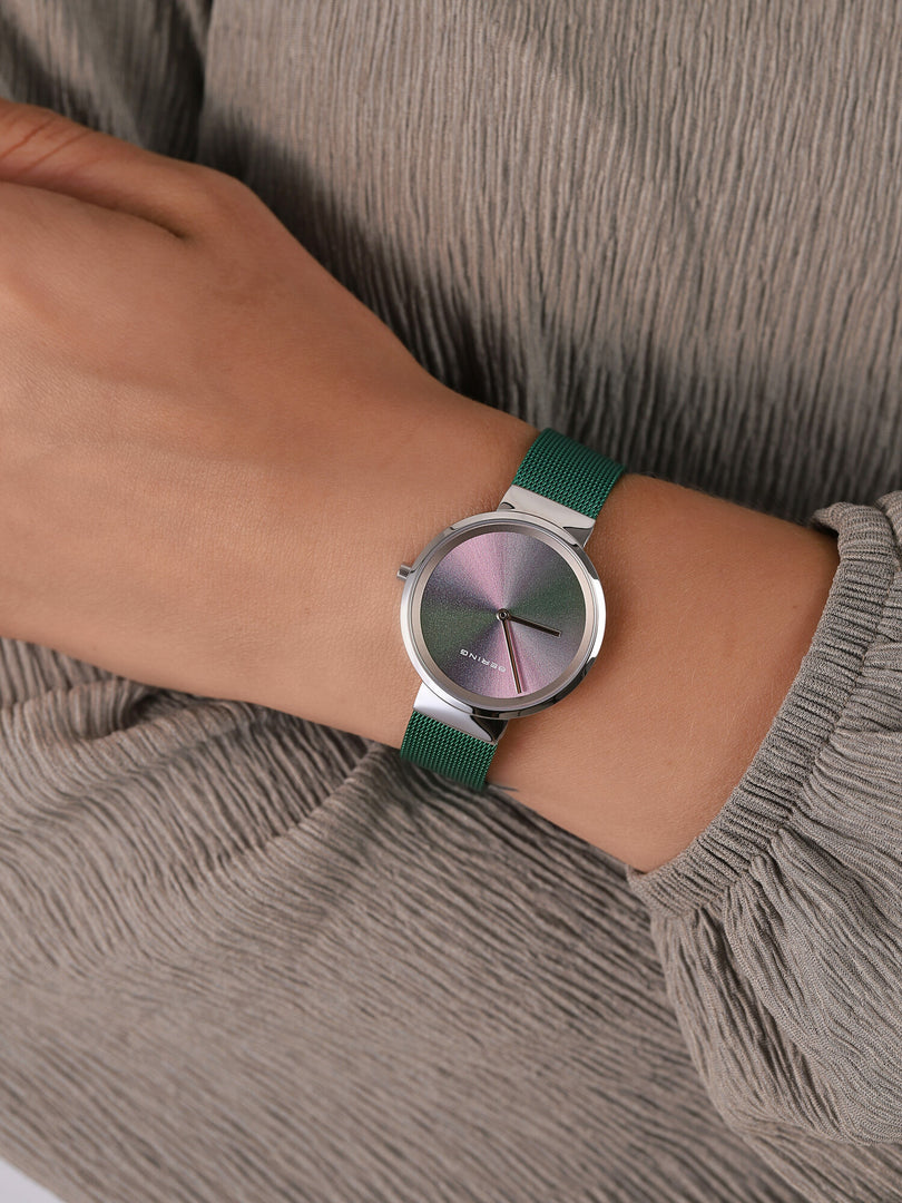 Bering 10X31-ANNIVERSARY1 Polished Silver Green Mesh Bracelet Women’s Watch