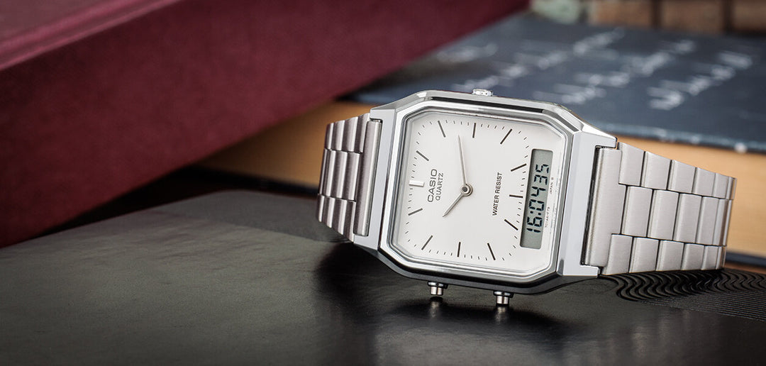 Casio AQ-230A-7AMQYES Dual Time Display Vintage Dual Display 30mm Silver Dial Stainless Steel Men & Women Watches