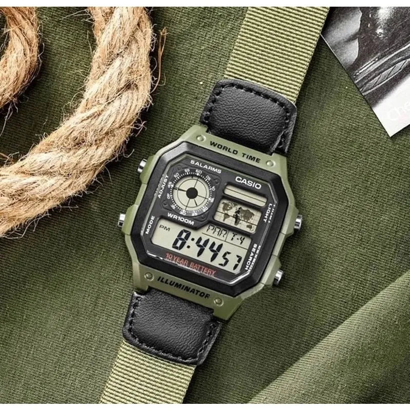 Casio Royale AE-1200WHB-3BV World Time Alarm Digital Green Canvas Strap Mens Watch