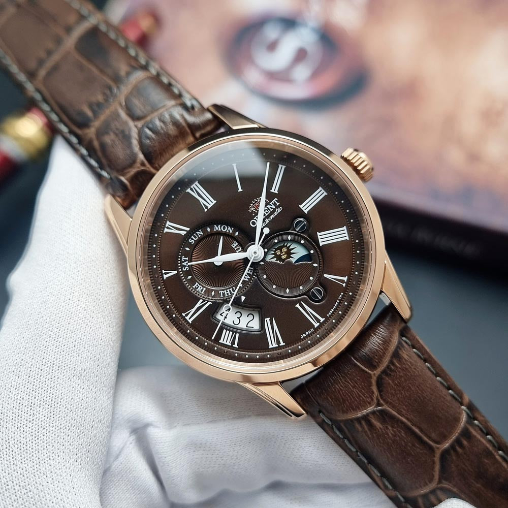 ORIENT RA-AK0009T10B Bambino Sun and Moon Classic Leather Strap Men's Watch