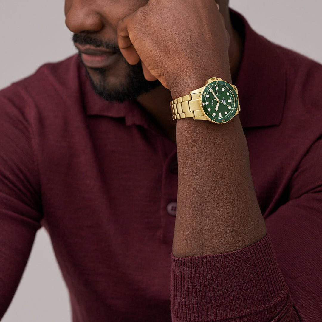 Fossil FS6030 Blue 42mm Green Dial Gold Tone Stainless Steel Bracelet Men's Watch