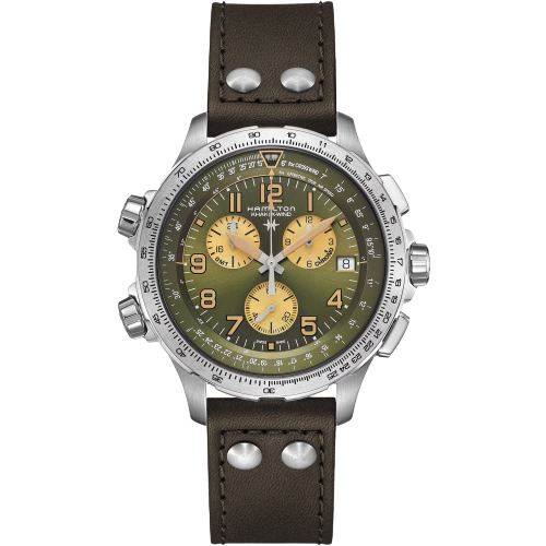 Hamilton H77932560 Khaki Aviation X Wind GMT Chronograph Quartz Green Dial Leather Strap Men's Watch