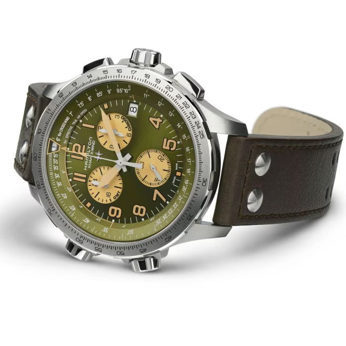 Hamilton H77932560 Khaki Aviation X Wind GMT Chronograph Quartz Green Dial Leather Strap Men's Watch