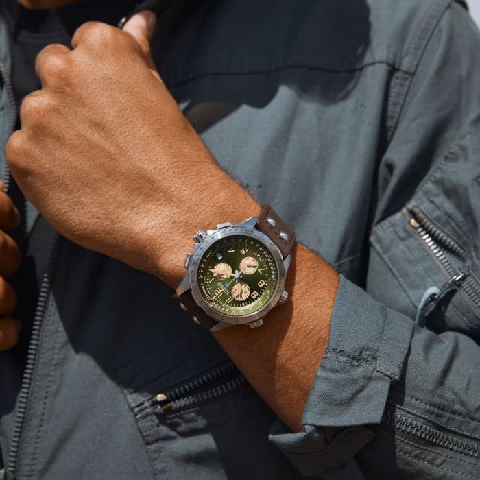 Hamilton H77932560 Khaki Aviation X Wind GMT Chronograph Quartz Green Dial Leather Strap Men's Watch