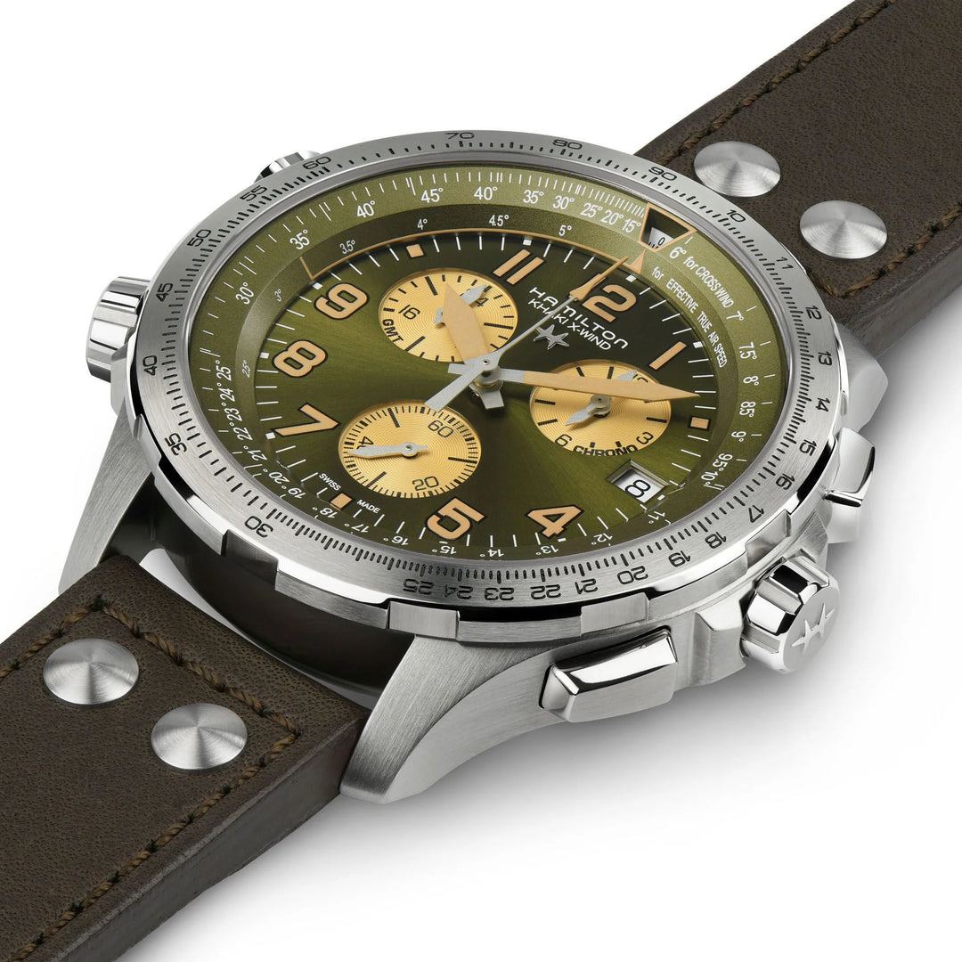 Hamilton H77932560 Khaki Aviation X Wind GMT Chronograph Quartz Green Dial Leather Strap Men's Watch