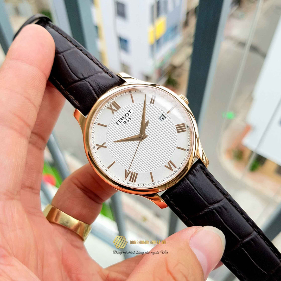 Tissot T0636103603800 Tradition Rose Gold Plated Silver Dial Brown Leather Men's Watch - mzwatcheslk srilanka