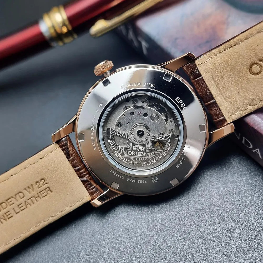ORIENT RA-AK0009T10B Bambino Sun and Moon Classic Leather Strap Men's Watch