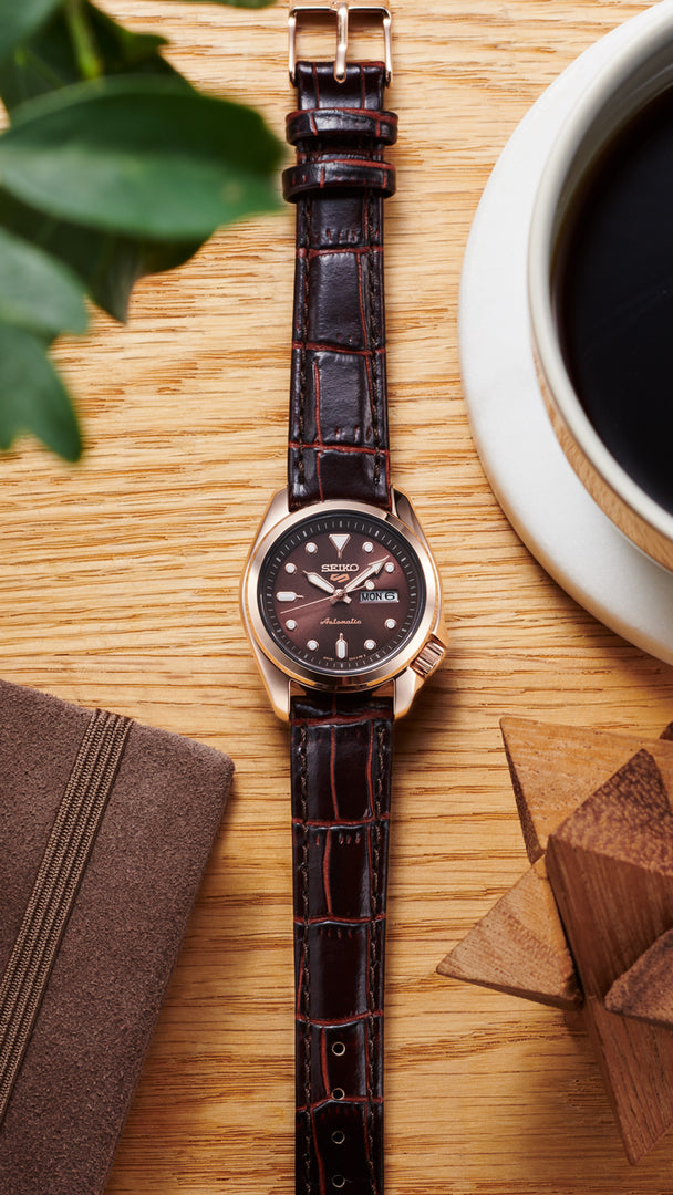 Seiko 5 SRE006K1 Sport Compact 28mm Brown Dial Brown Leather Strap Automatic Women's Watch