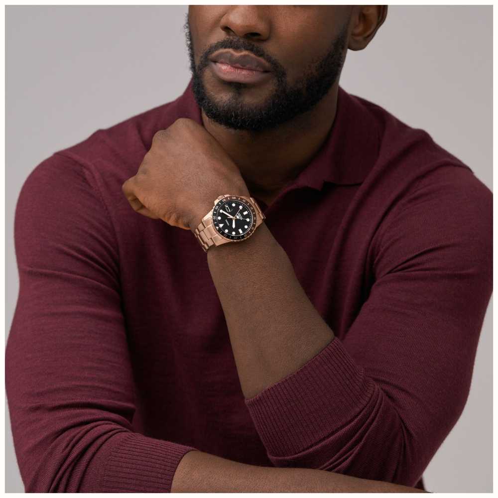 Fossil FS6027 Blue 42mm Black Dial Rose Gold Tone Stainless Steel Bracelet Men's Watch