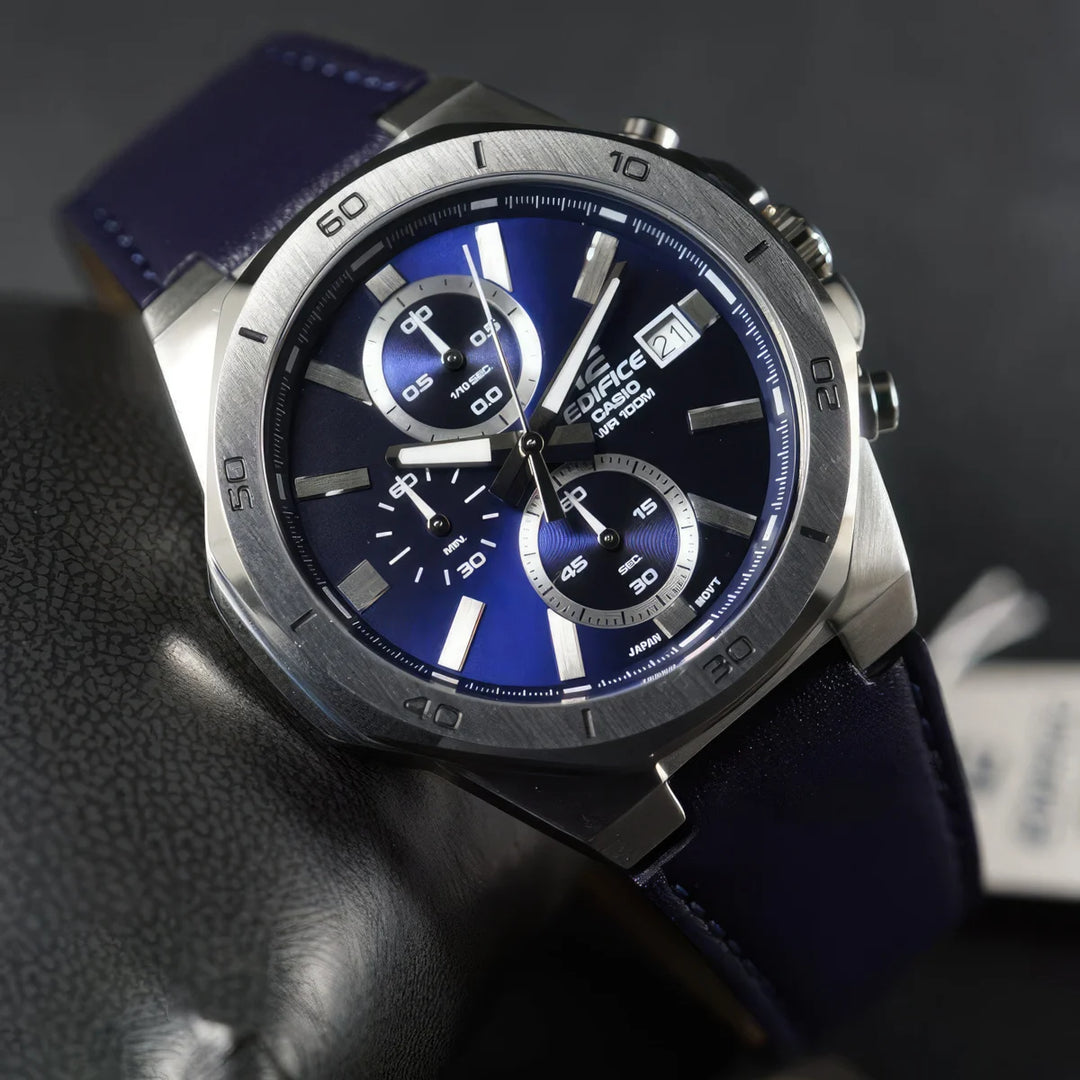 Casio EFV-640L-2A Edifice Blue Dial Chronograph Leather Strap Mens Watch
