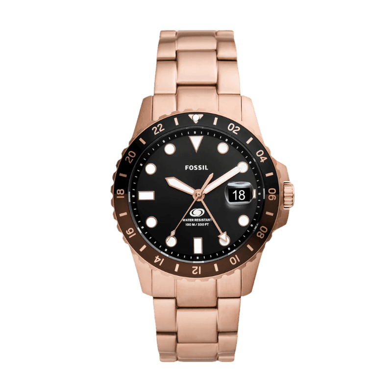 Fossil FS6027 Blue 42mm Black Dial Rose Gold Tone Stainless Steel Bracelet Men's Watch