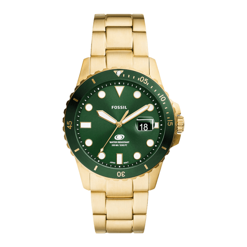Fossil FS6030 Blue 42mm Green Dial Gold Tone Stainless Steel Bracelet Men's Watch