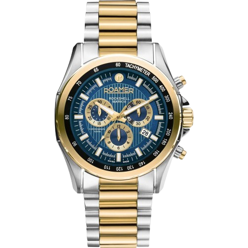 Roamer 220837 48 45 20 Rockshell Mark III Chrono Blue Dial Gold IP Bi Colour Bracelet Men's Watch