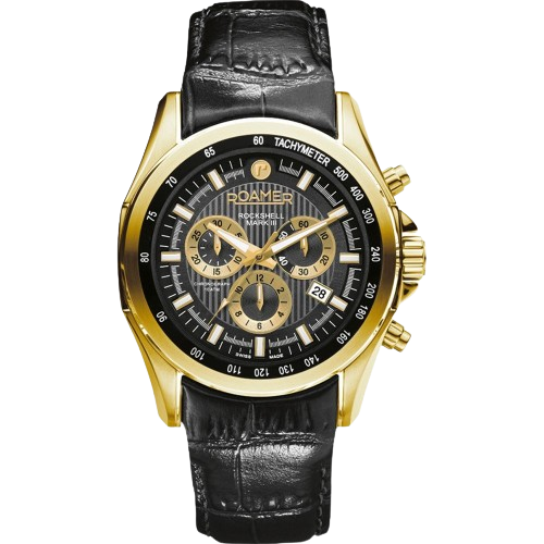 Roamer 220837 48 55 02 Rockshell Mark III Chrono Black Dial Black Leather Strap Gold IP Men's Watch