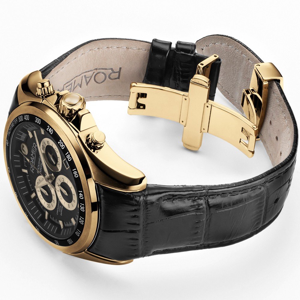 Roamer 220837 48 55 02 Rockshell Mark III Chrono Black Dial Black Leather Strap Gold IP Men's Watch