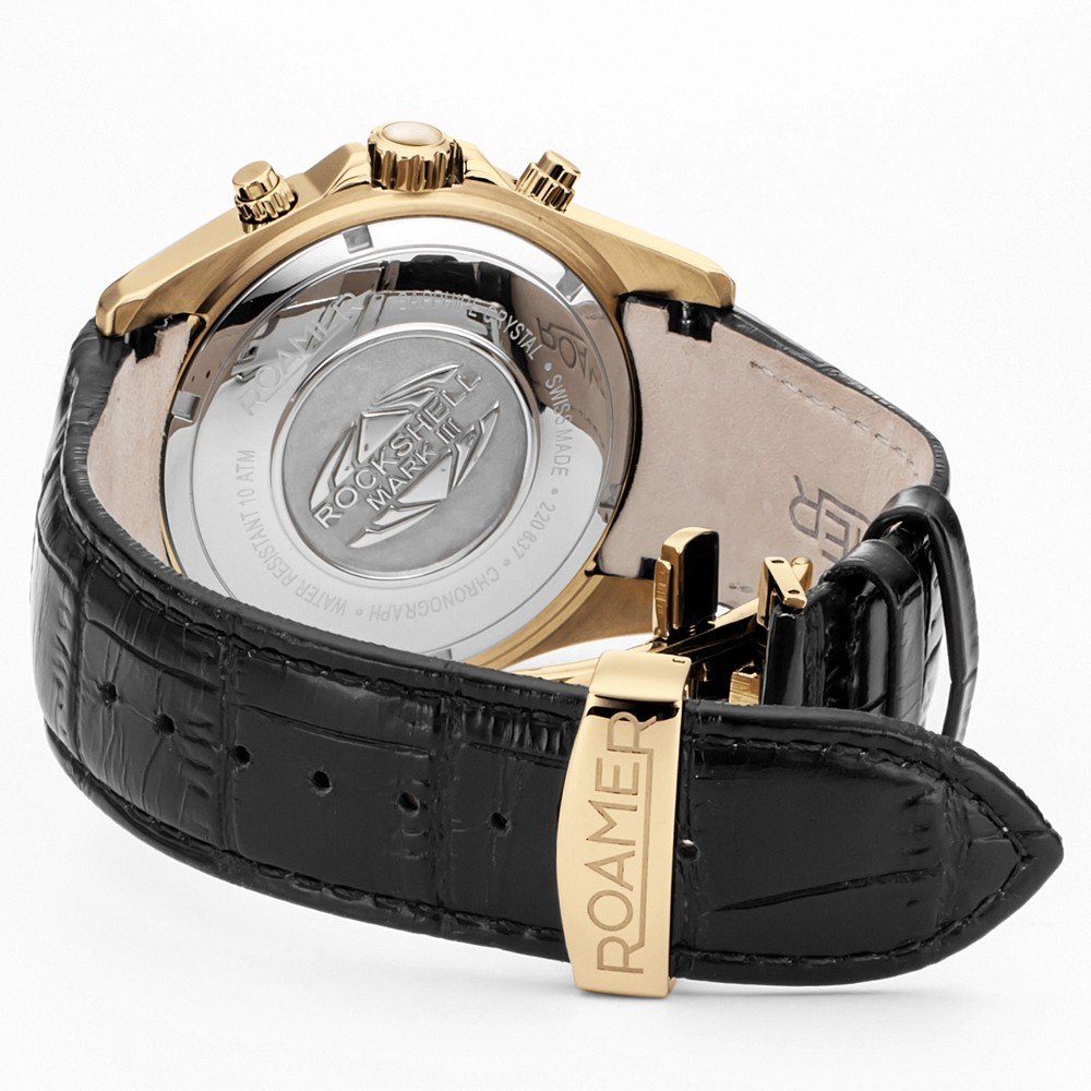 Roamer 220837 48 55 02 Rockshell Mark III Chrono Black Dial Black Leather Strap Gold IP Men's Watch