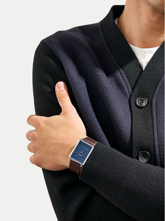 Skagen SKW6930 Hagen 36mm Blue Rectangular Dial Brown Leather Strap Men's Watch