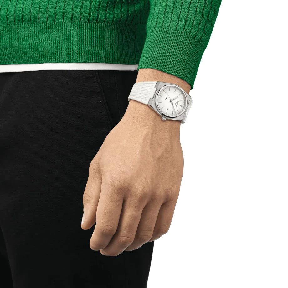 Tissot T1374101701100 PRX 40mm White Luminous Dial White Rubber Strap Men's Watch - mzwatcheslk srilanka