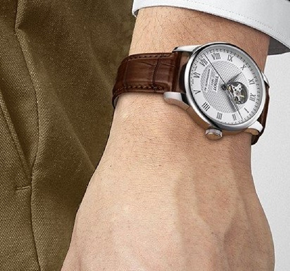 Tissot T0064071603301 Le Locle Powermatic 80 Silver Open Heart Dial Brown Leather Strap Men's Watch