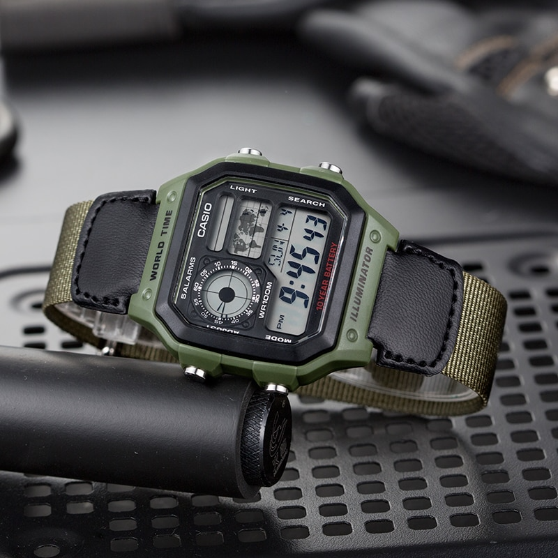 Casio Royale AE-1200WHB-3BV World Time Alarm Digital Green Canvas Strap Mens Watch