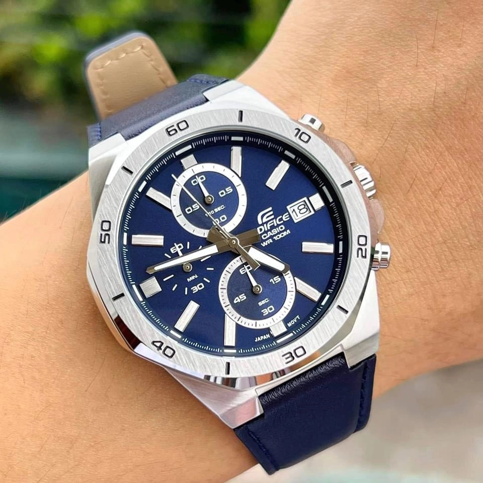 Casio EFV-640L-2A Edifice Blue Dial Chronograph Leather Strap Mens Watch