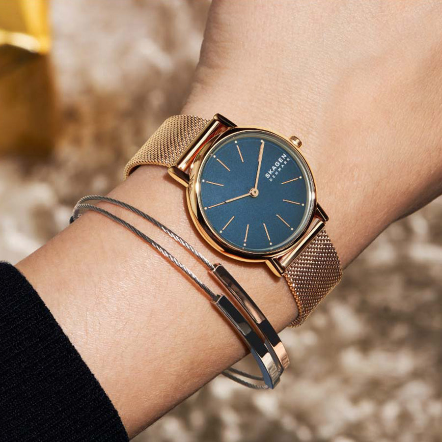 Skagen SKW2837 Signatur Rose Gold Toned Stainless Steel Mesh Blue Dial Women's Watch - mzwatcheslk srilanka