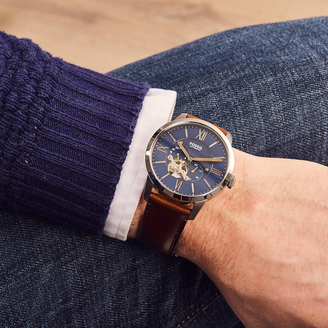 Fossil ME3110 Townsman Automatic Blue Dial Brown Leather Strap Men's Watch - mzwatcheslk srilanka