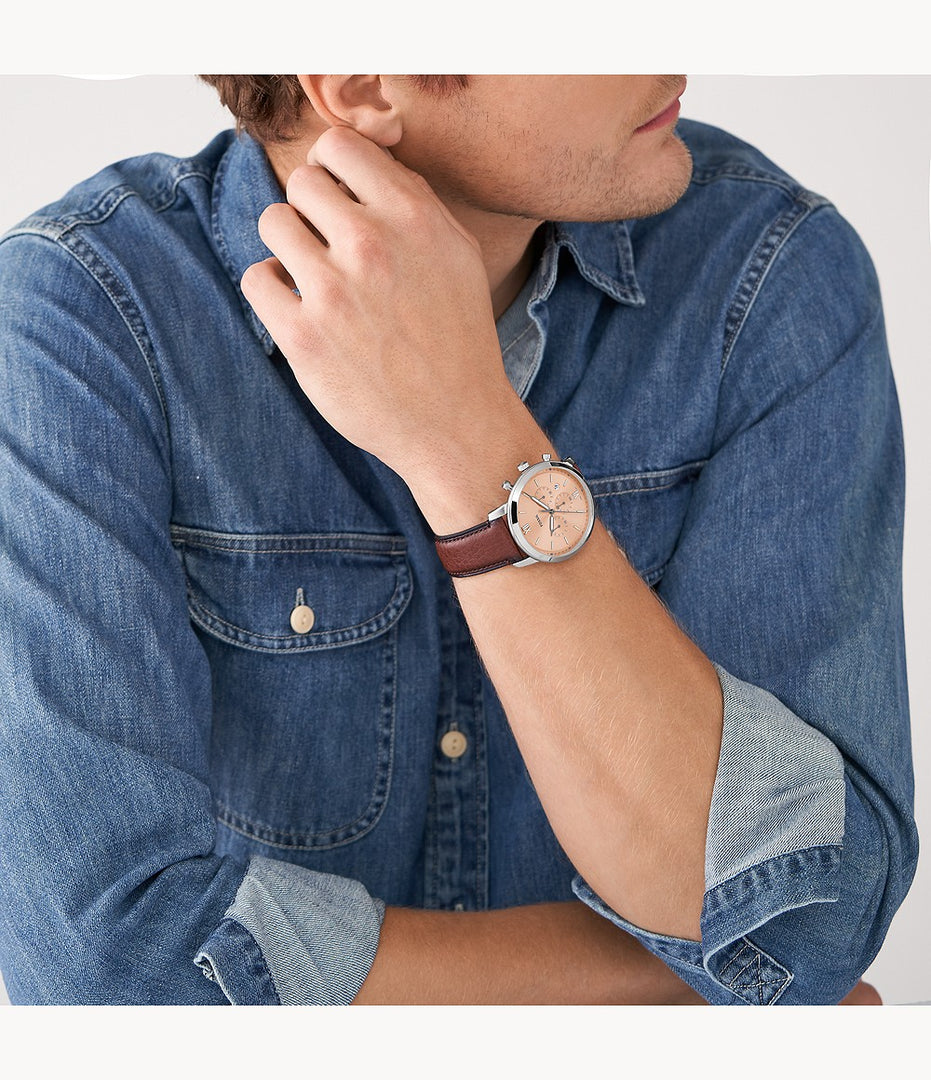 Fossil FS5982 Neutra Rose Gold Chronograph Dial Brown Eco Leather Strap Men's Watch - mzwatcheslk srilanka