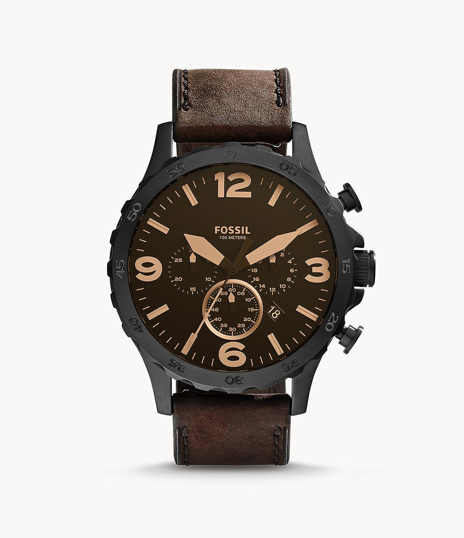 Fossil JR1487 Nate Brown Chronograph Dial Brown Leather Strap Men's Watch - mzwatcheslk srilanka