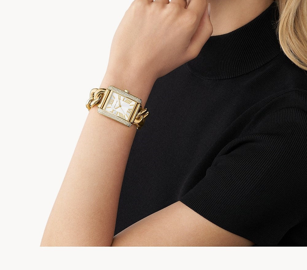 Michael Kors MK7300 Emery Silver Rectangular Dial Gold Chain Stainless Steel Bracelet Women's Watch - mzwatcheslk srilanka