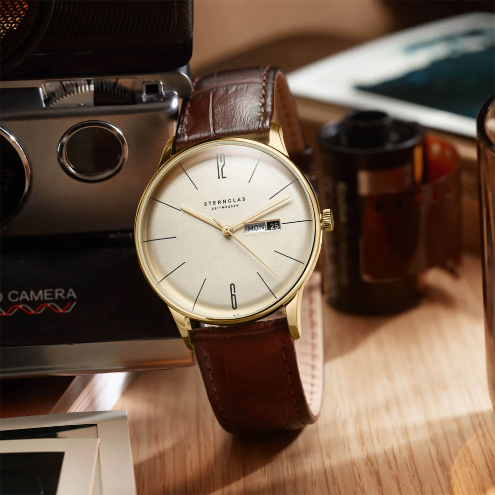 STERNGLAS S01-BE14-HE01 Berlin Quartz Sepia Gold Brown Leather Strap Men's Watch - mzwatcheslk srilanka