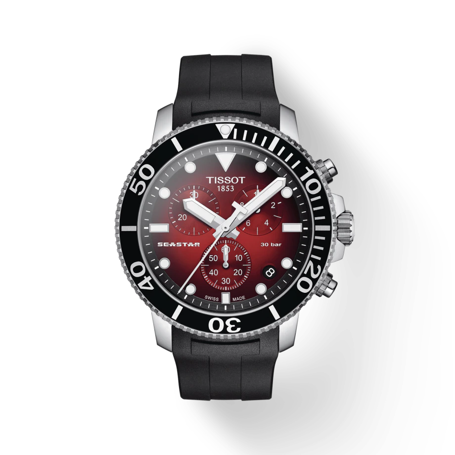 Tissot T1204171742100 Seastar 1000 Chronograph Red Dial Black Silicone Strap Men's Watch - mzwatcheslk srilanka