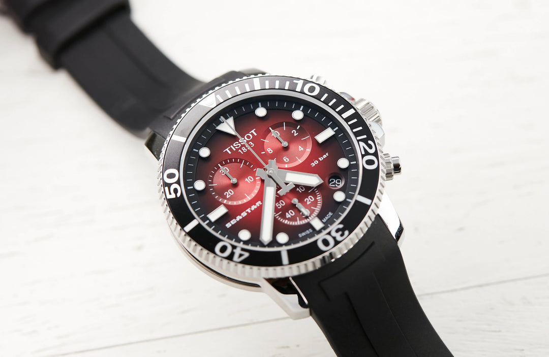 Tissot T1204171742100 Seastar 1000 Chronograph Red Dial Black Silicone Strap Men's Watch - mzwatcheslk srilanka