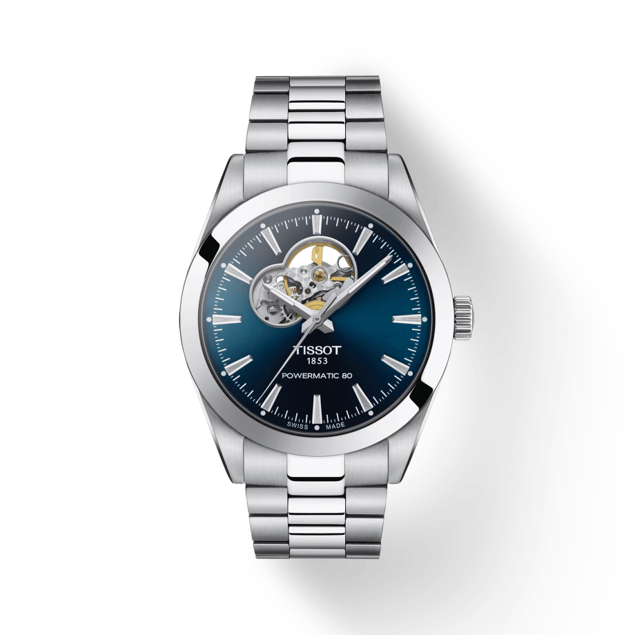 Tissot T1274071104101 Gentleman Powermatic 80 Blue Dial Open Heart Stainless Steel Bracelet Men's Watch - mzwatcheslk srilanka