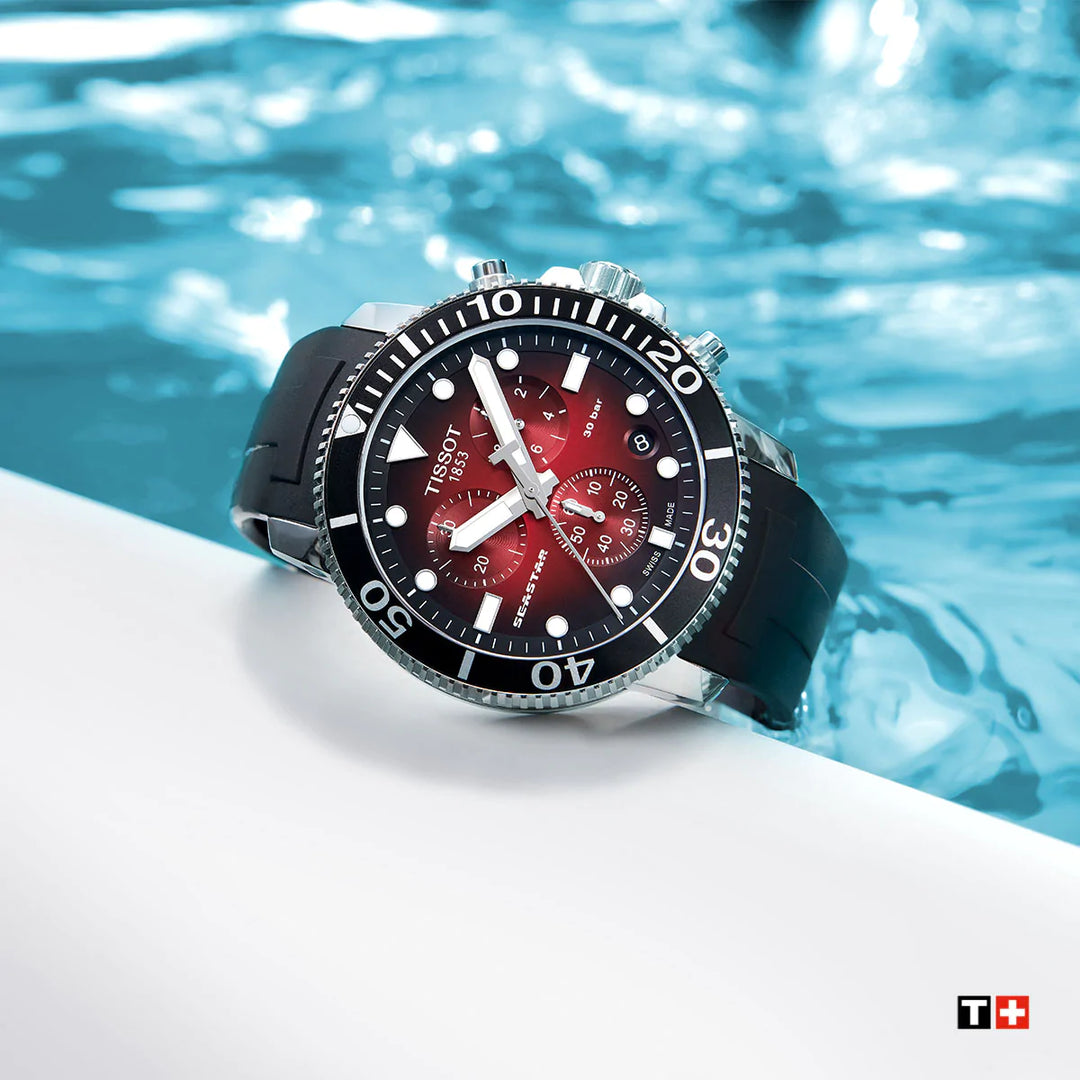 Tissot T1204171742100 Seastar 1000 Chronograph Red Dial Black Silicone Strap Men's Watch - mzwatcheslk srilanka