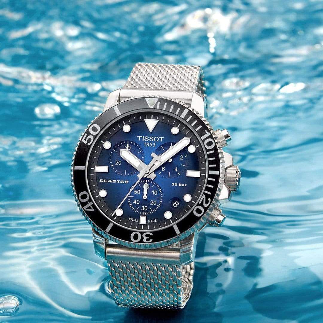 Tissot T1204171104102 Seastar 1000 Chronograph Blue Dial Stainless Mesh Men's Watch - mzwatcheslk srilanka