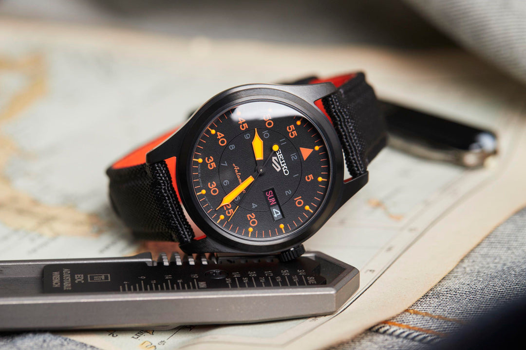 Seiko 5 Sports SRPH33K1 Flieger Automatic Black and Orange  Men's Watch - mzwatcheslk srilanka