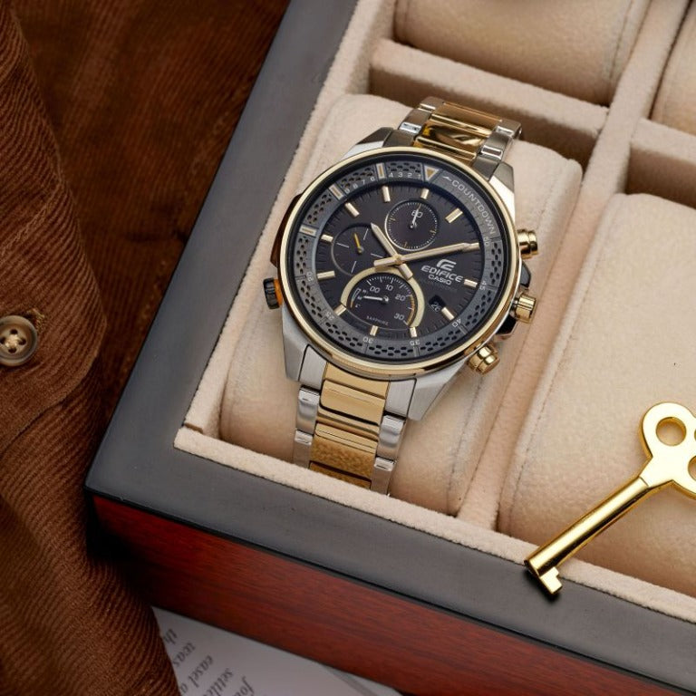 Casio Edifice EFS-S590SG-1AVUEF Slim Sapphire Chronograph Two-Tone Steel Bracelet Black Dial Mens Watch - mzwatcheslk srilanka