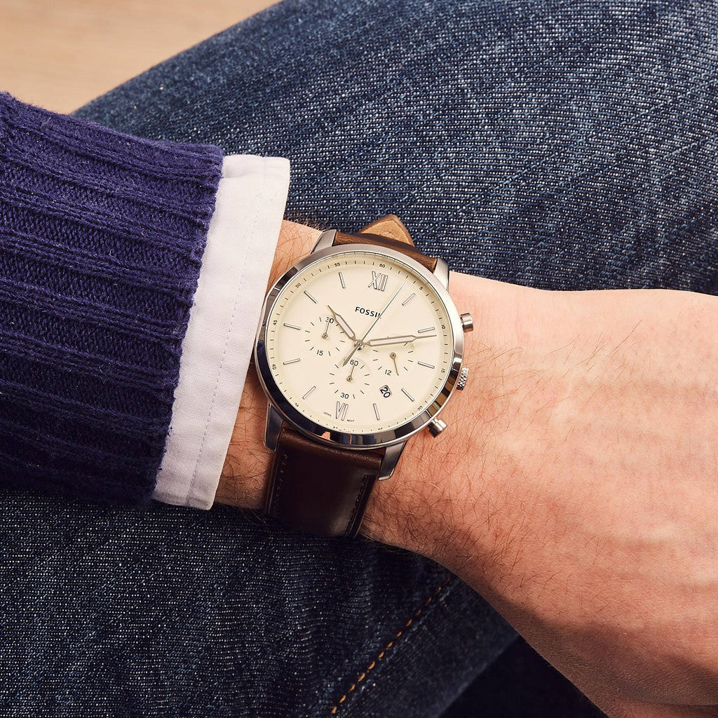 Fossil FS5380 Neutra Cream Chronograph Dial Brown Leather Strap Men's Watch - mzwatcheslk srilanka