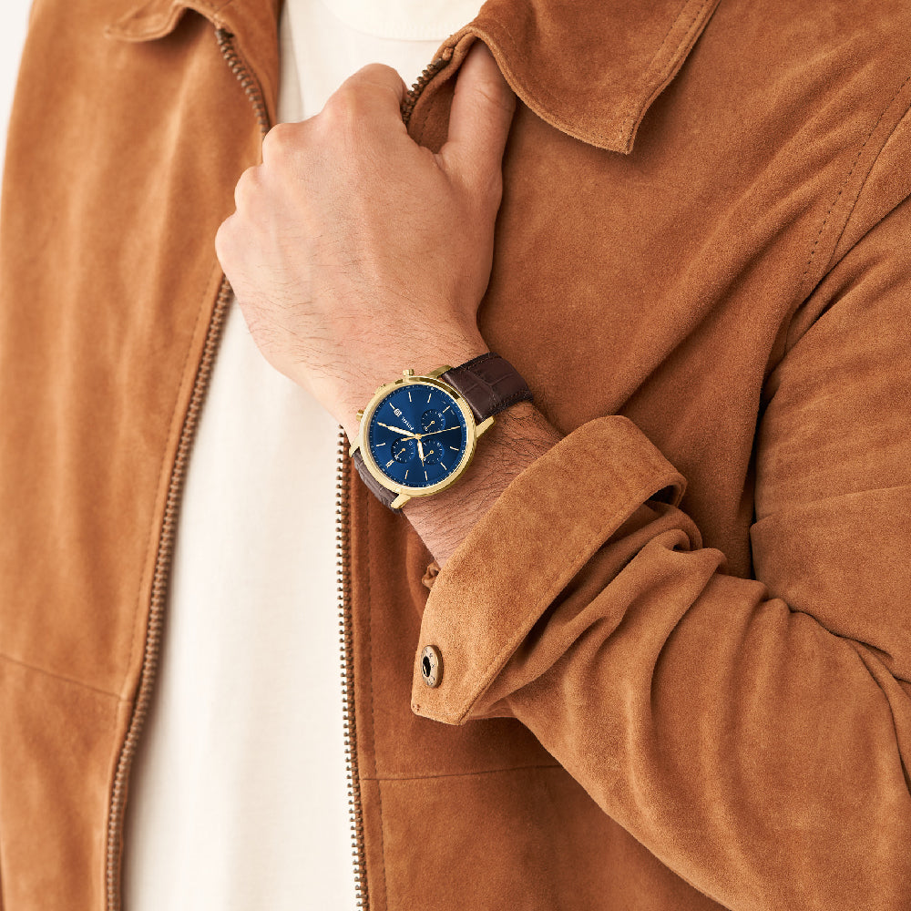 Fossil FS5942 Minimalist Blue Chronograph Dial Brown Eco-Leather Strap Men's Watch - mzwatcheslk srilanka
