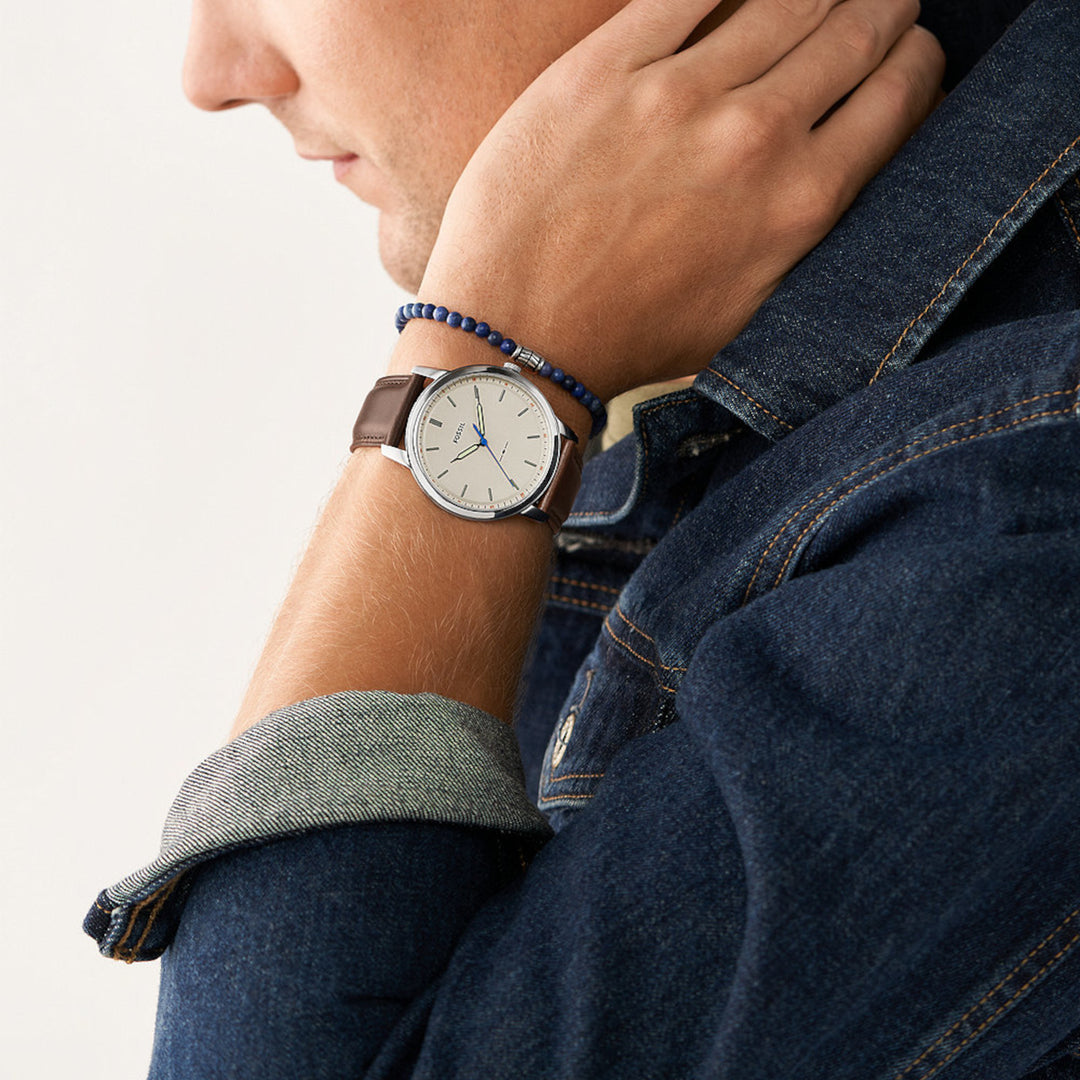 Fossil FS5966SET The Minimalist Gift Set Beige Dial Brown Leather Strap Blue Beaded Bracelet Men's Watch - mzwatcheslk srilanka