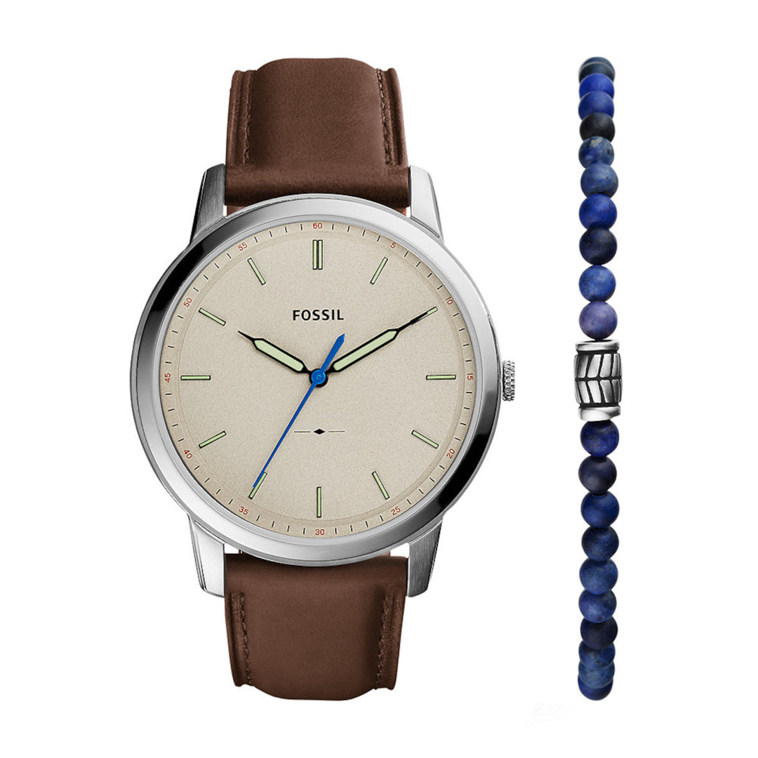 Fossil FS5966SET The Minimalist Gift Set Beige Dial Brown Leather Strap Blue Beaded Bracelet Men's Watch - mzwatcheslk srilanka