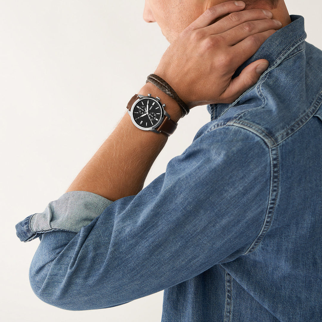 Fossil FS5967SET Townsman Giftset Black Chrono Dial Brown Leather Strap Braided Brown Leather Bracelet Men's Watch - mzwatcheslk srilanka