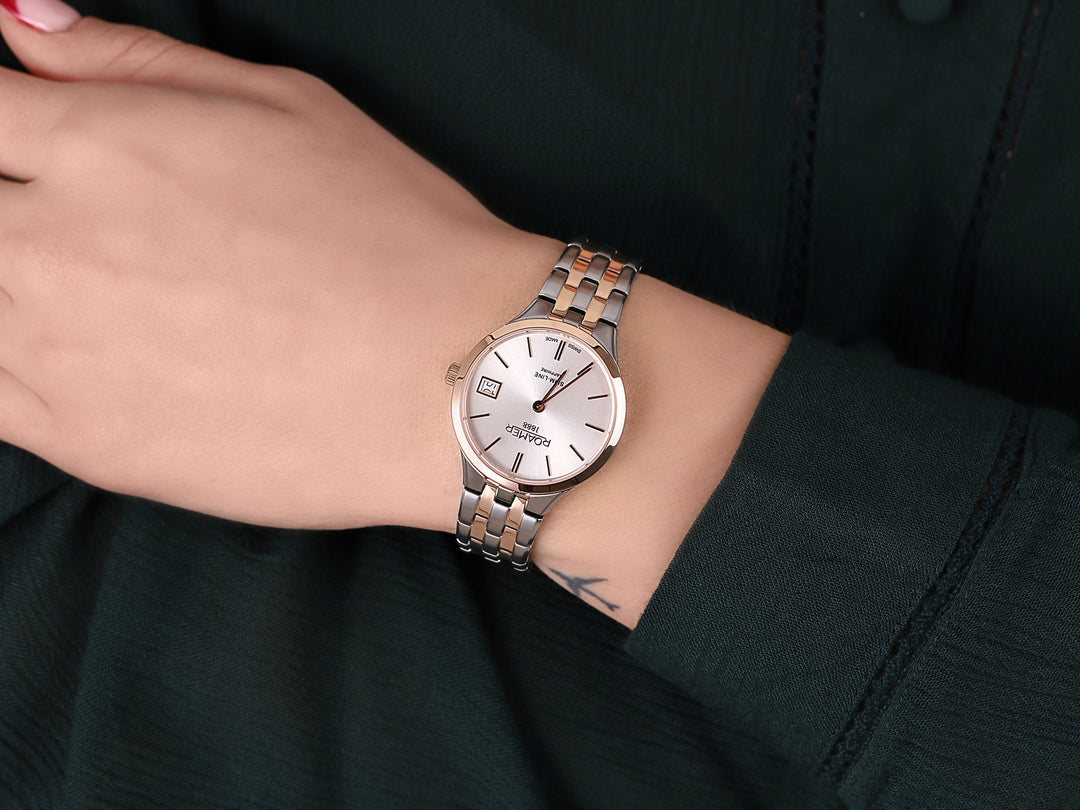 Roamer 512857 49 65 20 Slim Line Classic Brown Dial Rose Gold Bi Colour Bracelet Women's Watch - mzwatcheslk srilanka